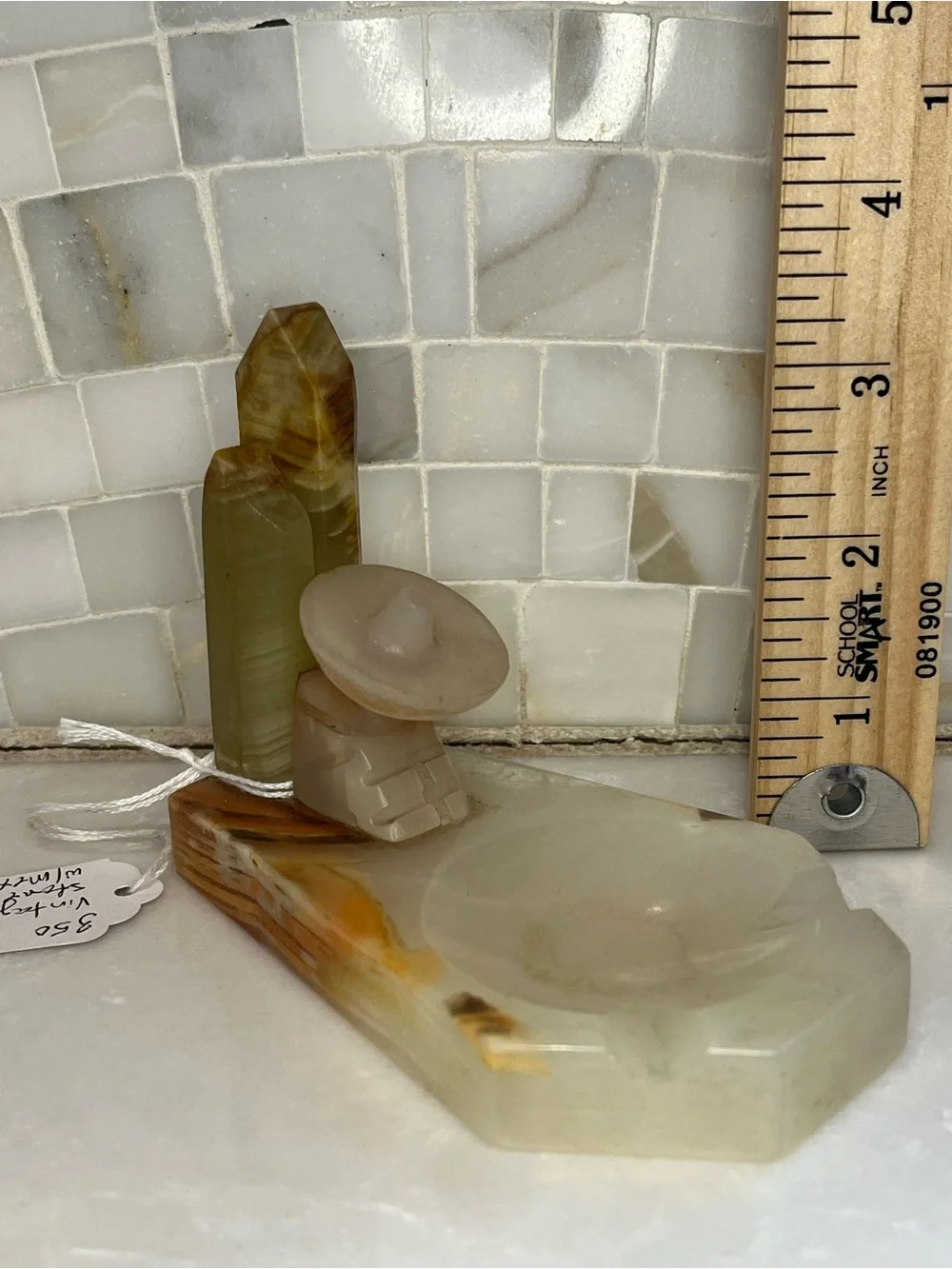 Vintage Mexican Green Onyx Ashtray & Figurine Set Mid Century Siesta Man Burro